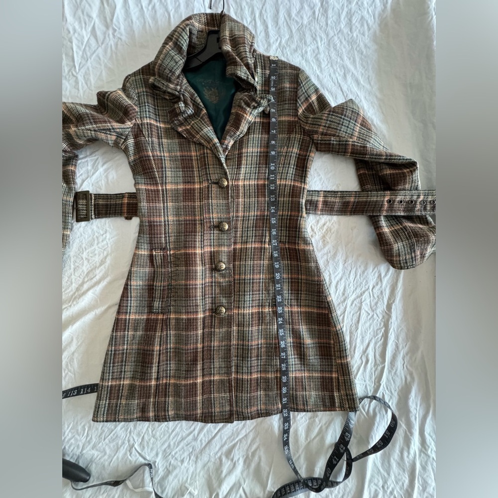 B B Dakota Plaid Pea Coat Size Small lined Green - Picture 17 of 17